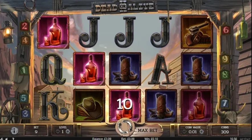 Slot Dead or Alive com símbolos de faroeste e revólver nos rolos