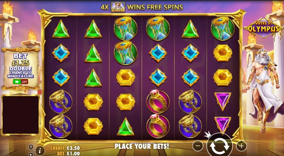 Slot Gates of Olympus com Zeus e símbolo Scatter para Free Spins