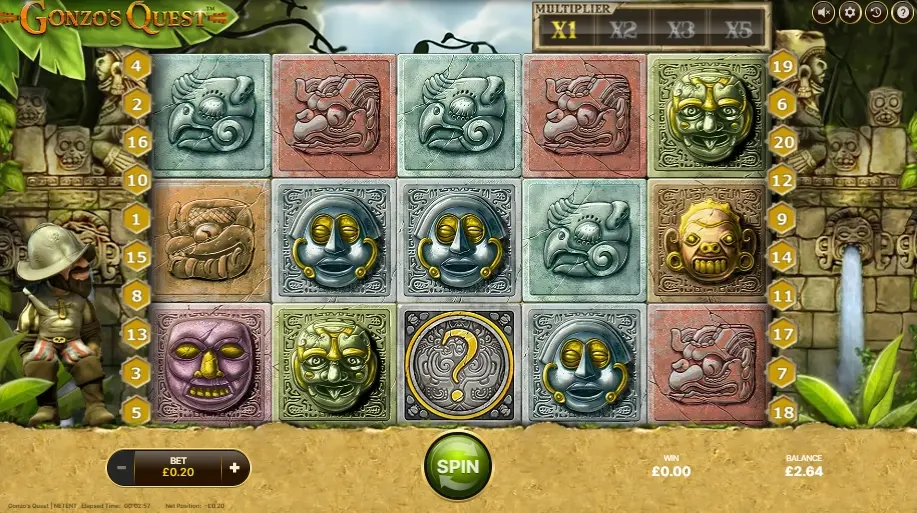 Slot Gonzo’s Quest com símbolos astecas e multiplicador ativo