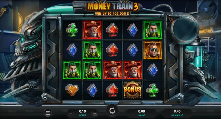 Slot Money Train 3 com símbolo Bonus e tema futurista steampunk