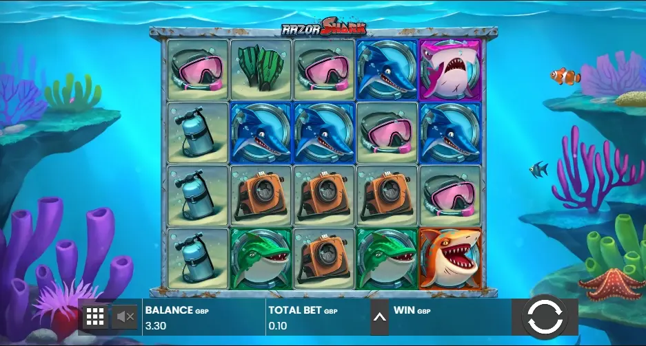 Slot Razor Shark com símbolos de tubarões e tema subaquático