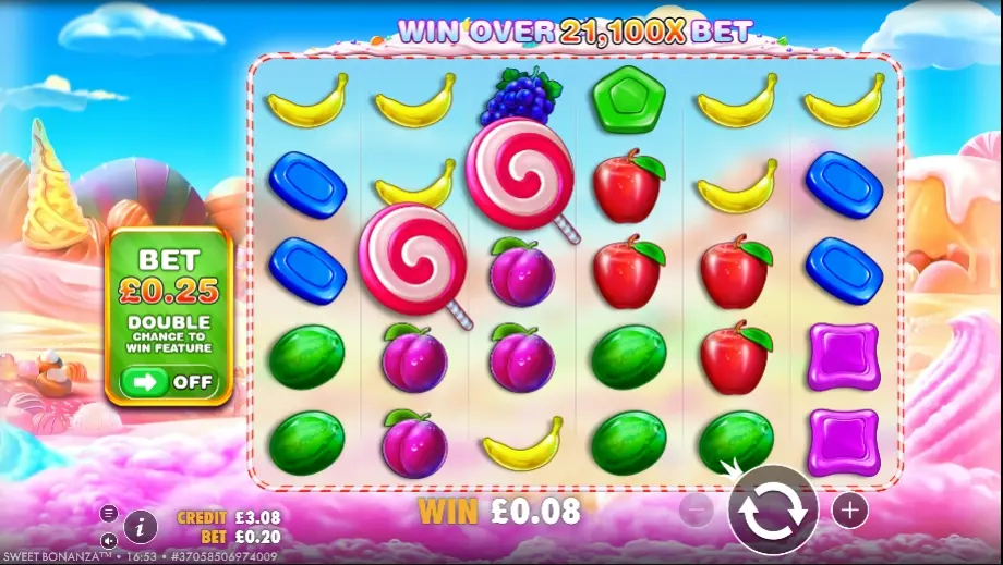 Slot Sweet Bonanza com símbolos de fruta e rebuçados coloridos