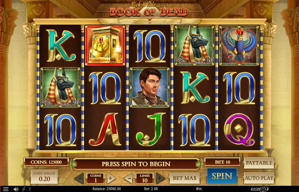 Slot Book of Dead com símbolos egípcios e explorador nos rolos