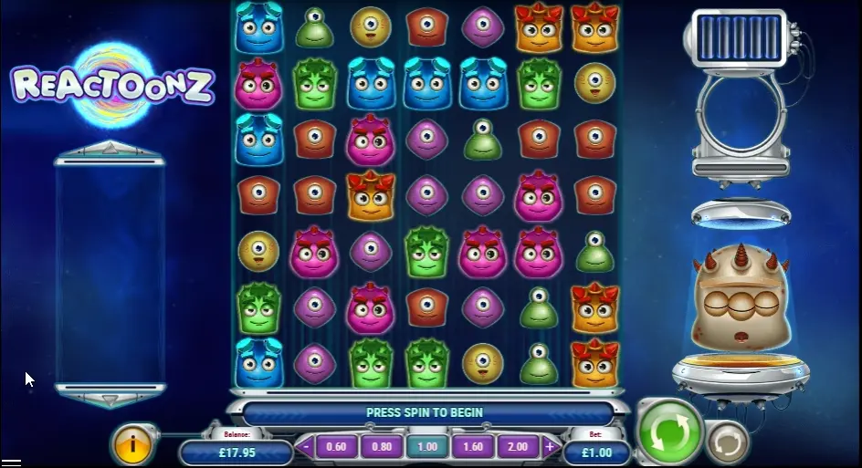 Slot Reactoonz com personagens coloridas e grelha em estilo arcade