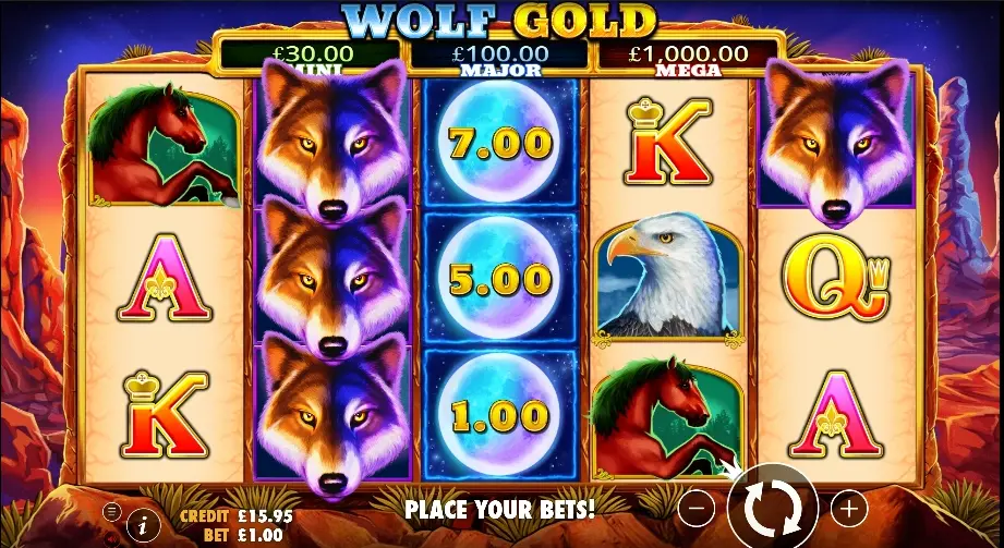 Slot Wolf Gold com símbolo de lobo e jackpots progressivos